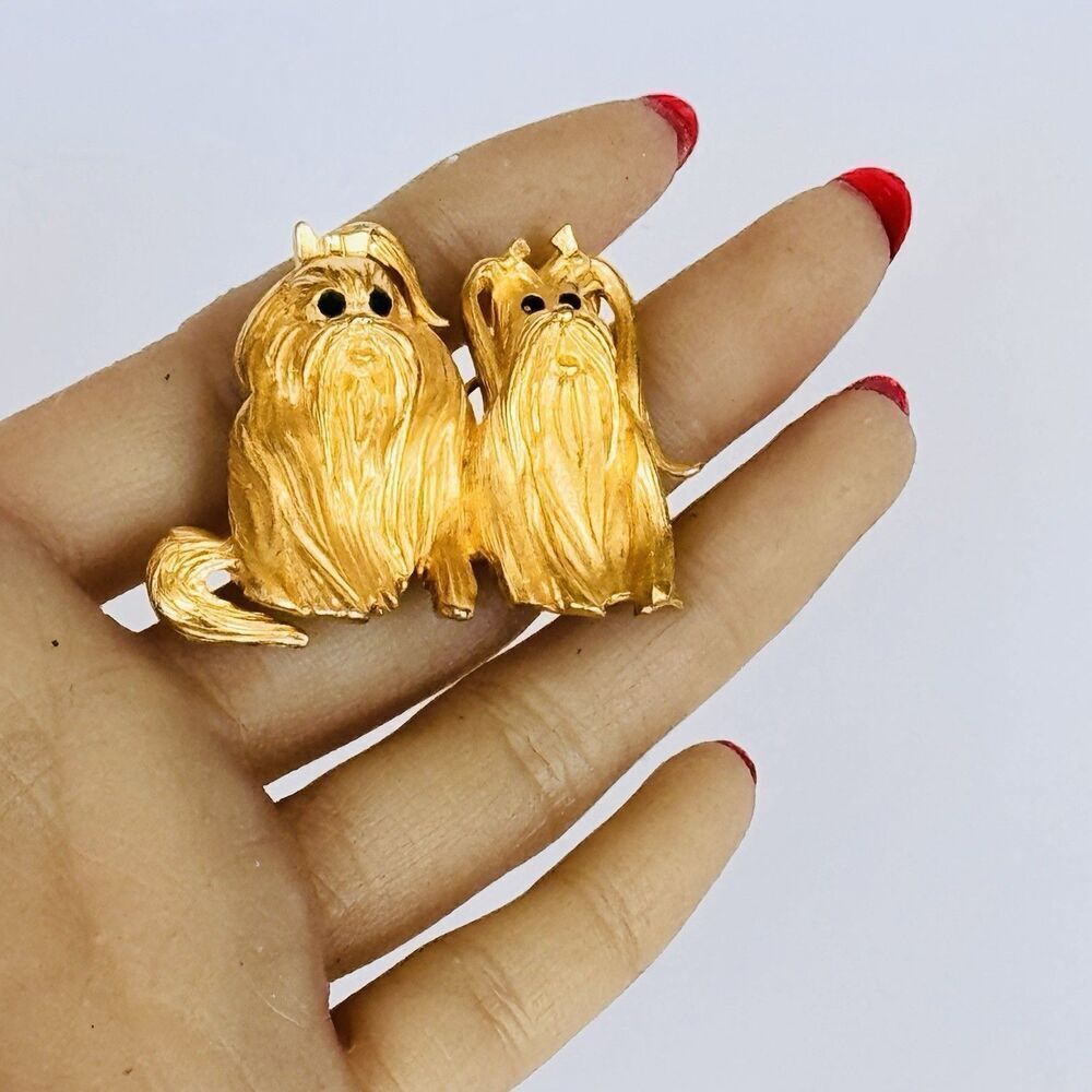 Vintage Bob Mackie gold tone double dog Lhasa Apso Brooch Two Puppies Dogs - Picture 7 of 10